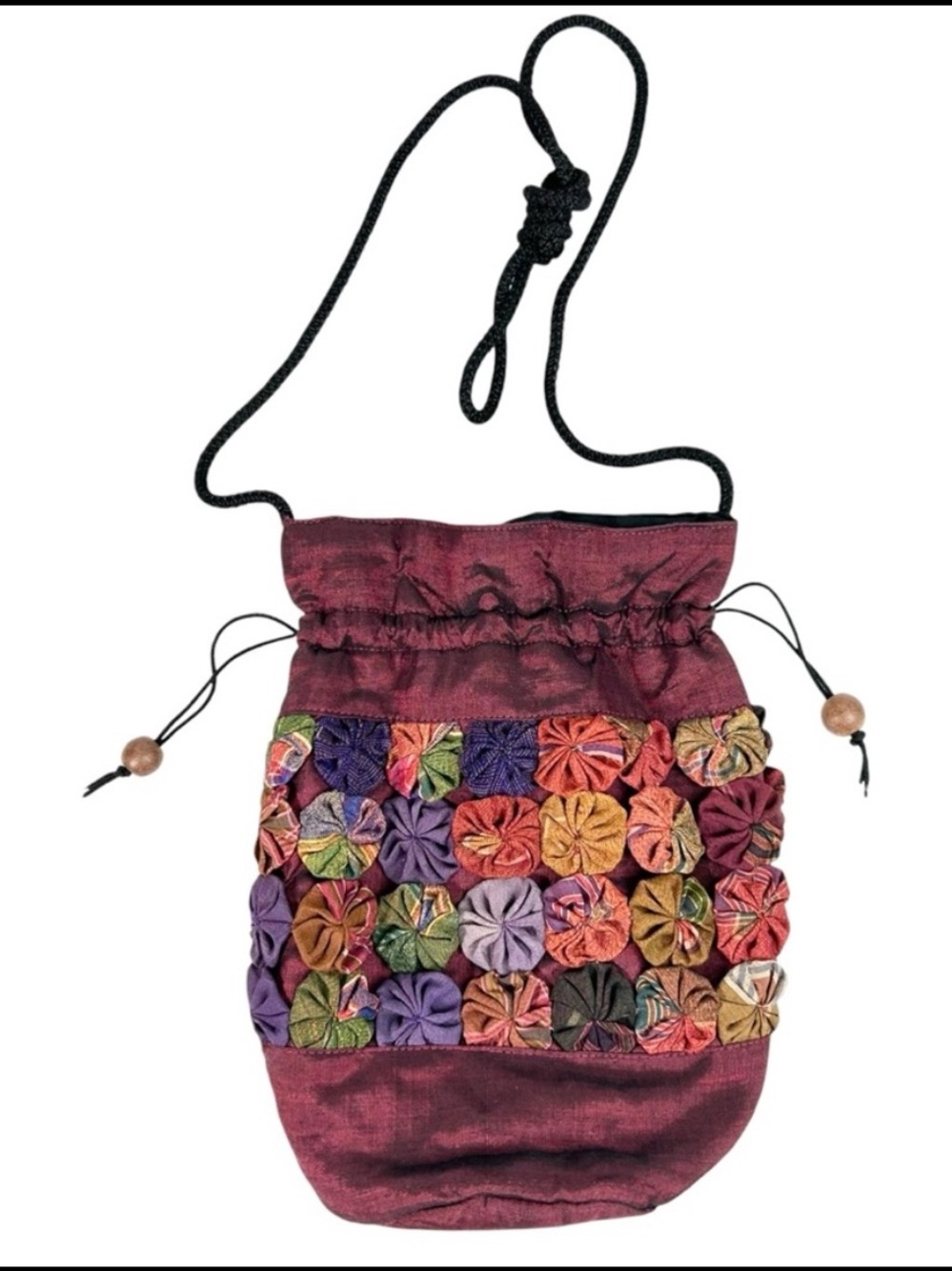 Vintage 30s 40s Multicolor YoYo Silk Pinwheels Mini Drawstring Bag OOAK